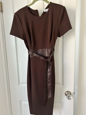Calvin Klein Chocolate Brown Midi Sheath Dress with Faux-Leather Waist